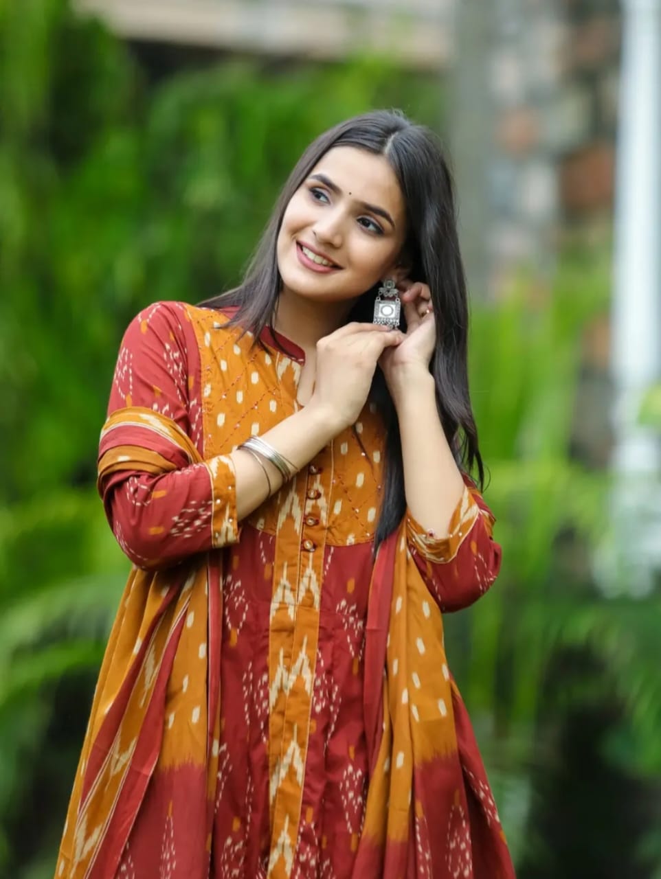 Red Designer ekka print with Anarkali pant and Dupatta set