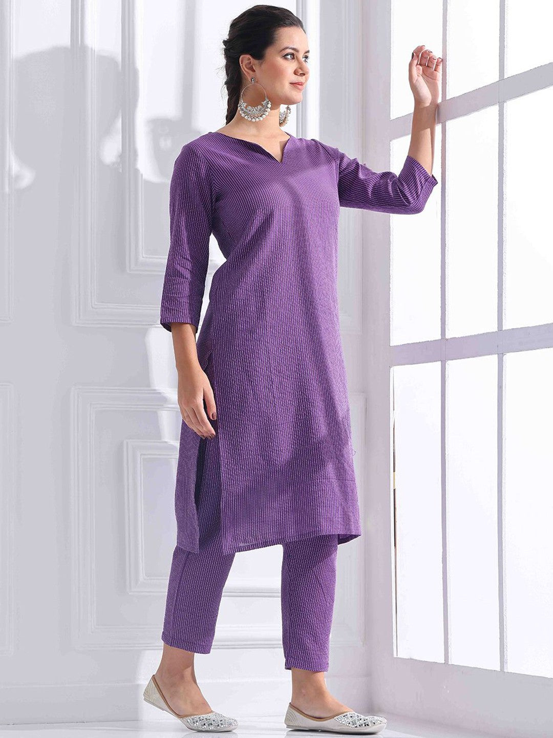 Women Striped Katha Work Pure Cotton Kurta with Pant
