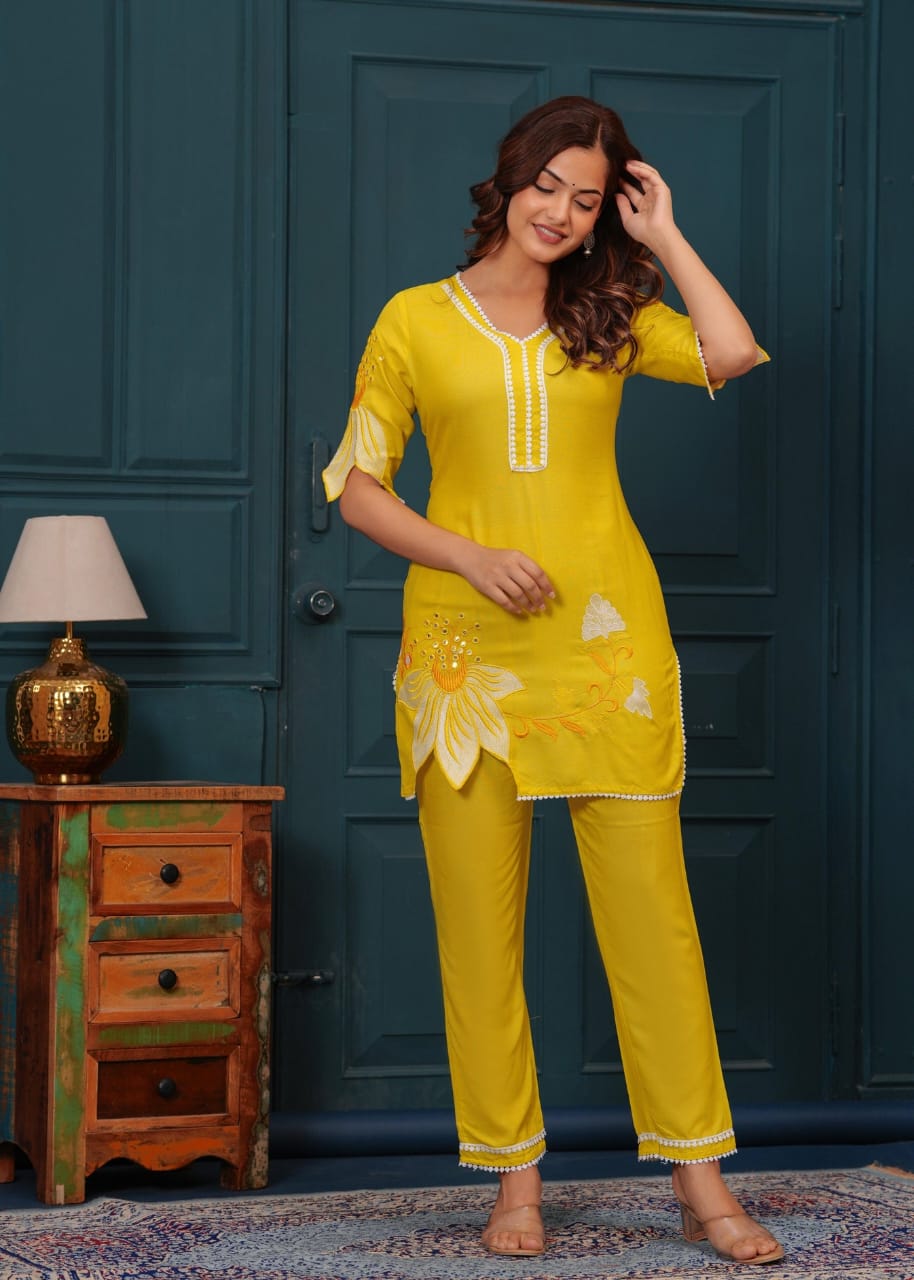 Tradiva yellow embroided co-ord set