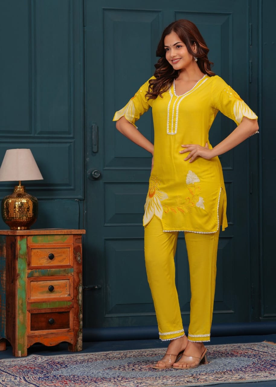 Tradiva yellow embroided co-ord set