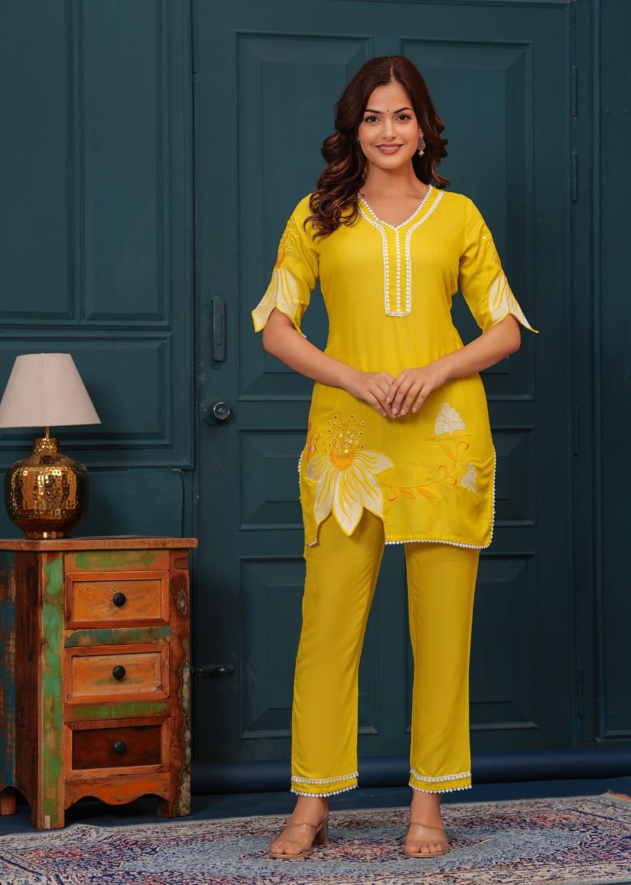 Tradiva yellow embroided co-ord set