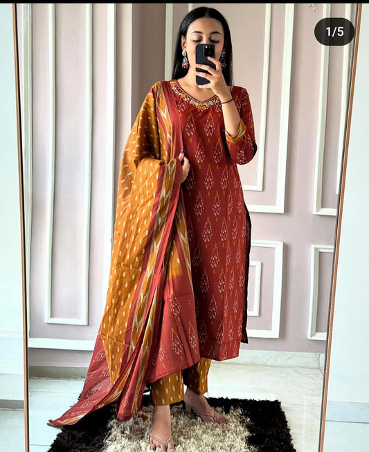 Red Designer ekka print with kurti paint and Dupatta set