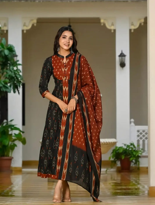 Black Designer ekka print with Anarkali pant and Dupatta set
