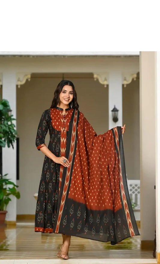 Black Designer ekka print with Anarkali pant and Dupatta set
