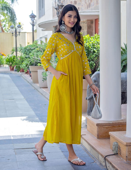 Yellow  Sequence Embroidered Rayon Anarkali Gown