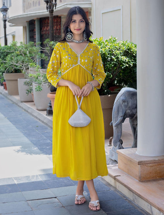 Yellow  Sequence Embroidered Rayon Anarkali Gown