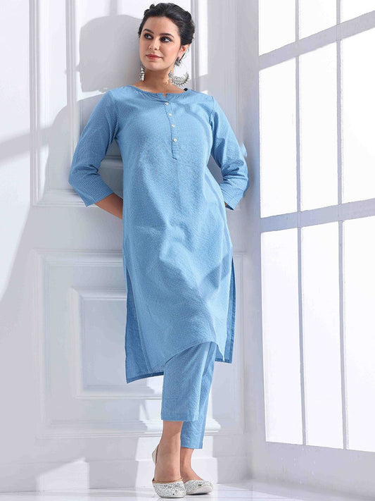 Women Striped Katha Work Pure Cotton Kurta With Pant