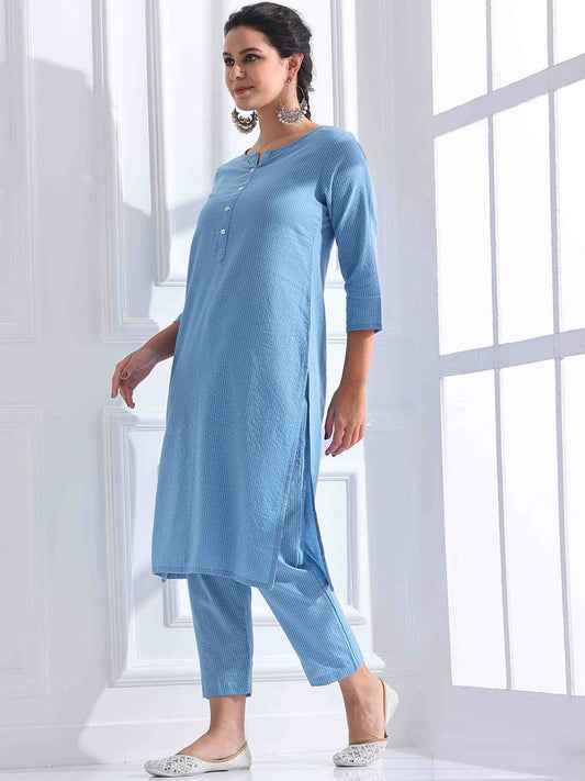 Women Striped Katha Work Pure Cotton Kurta With Pant